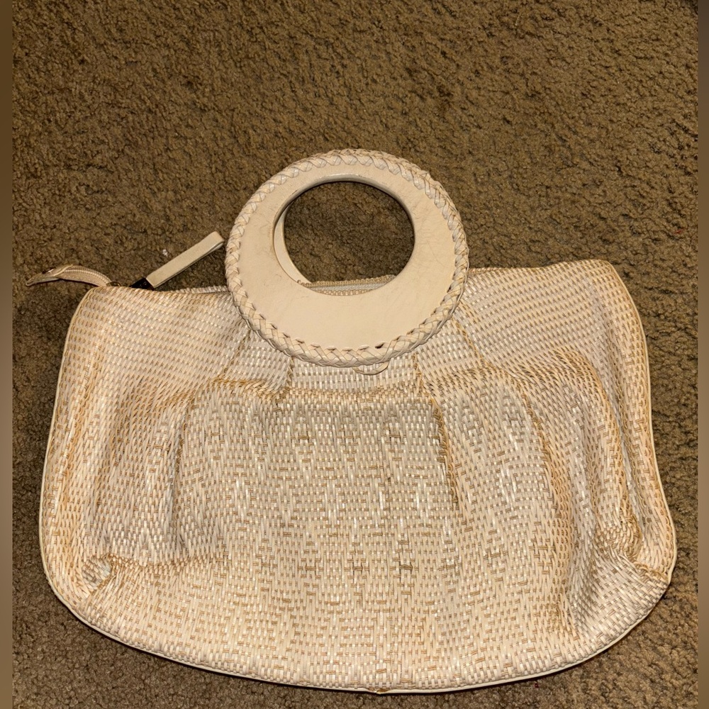Monsac Cream Clutch with Circular Handle